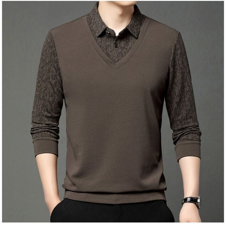 Men’s Elegant V-Neck Knit Sweater with Patterned Polo Collar - XPSWT