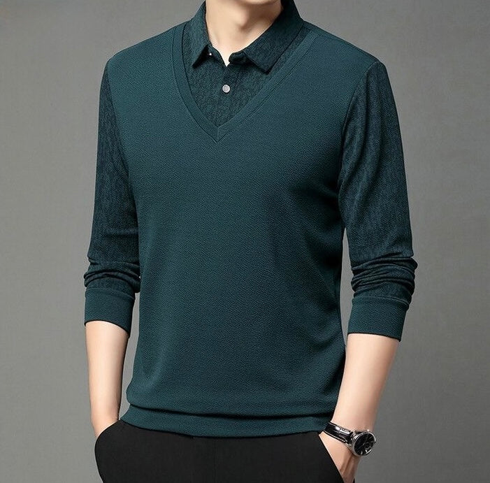 Men’s Elegant V-Neck Knit Sweater with Patterned Polo Collar - XPSWT