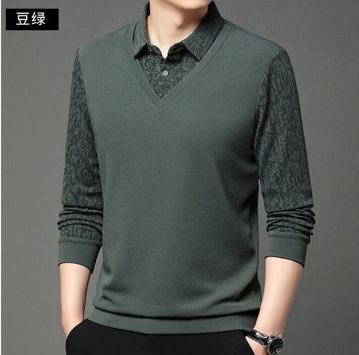 Men’s Elegant V-Neck Knit Sweater with Patterned Polo Collar - XPSWT
