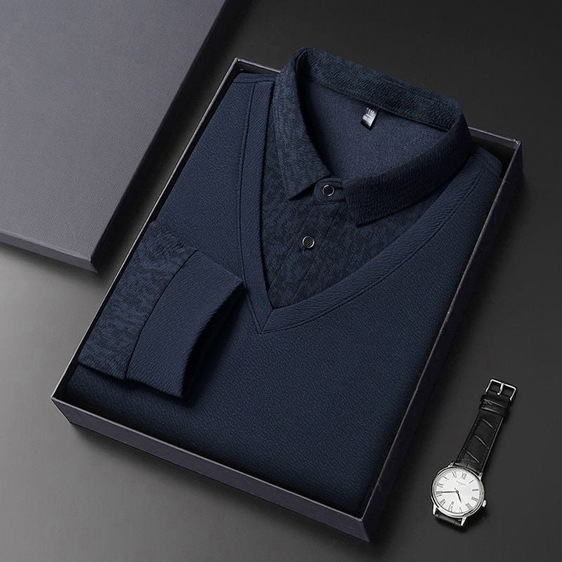 Men’s Elegant V-Neck Knit Sweater with Patterned Polo Collar - XPSWT