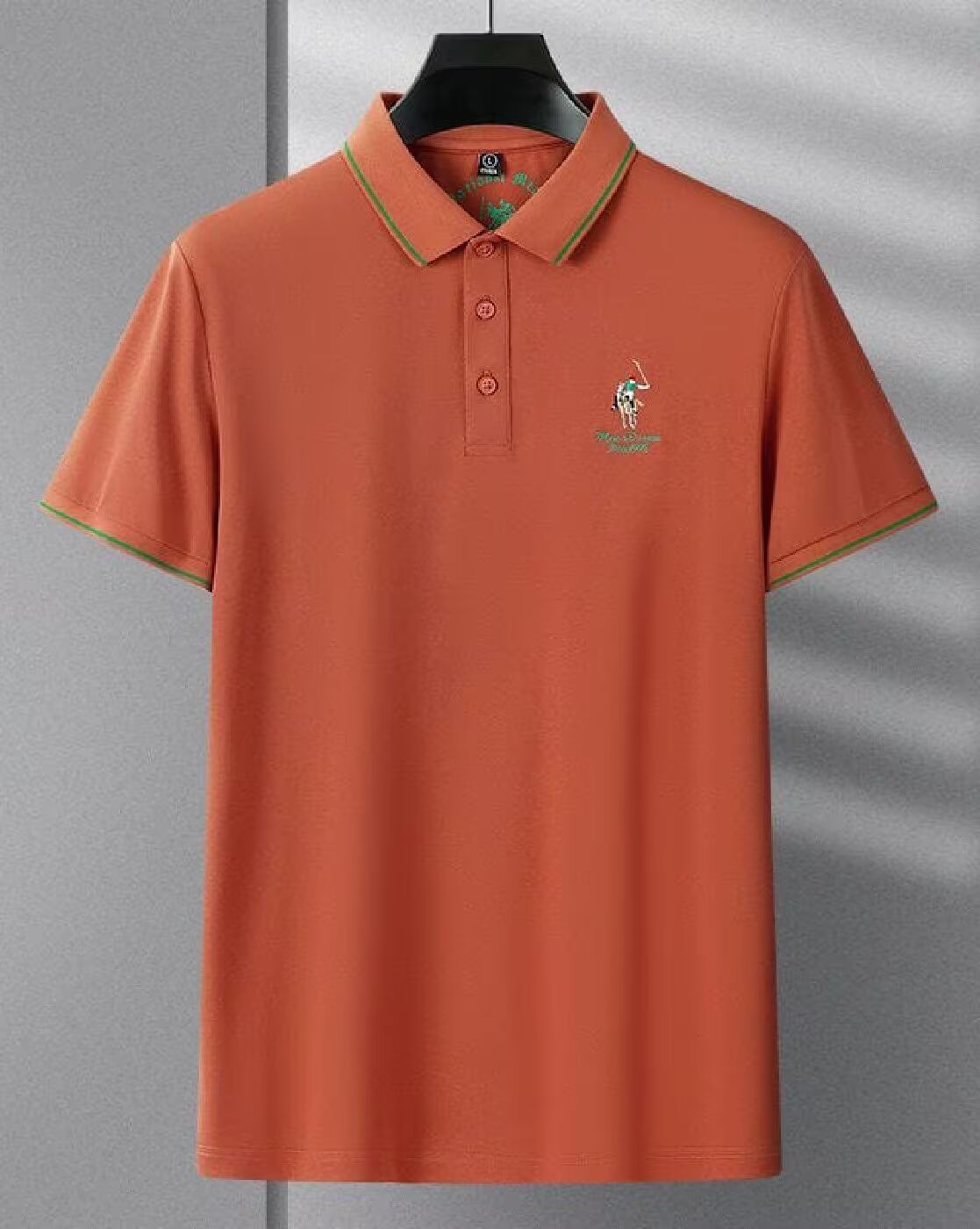 Men’s Polo T Shirt with Green Trim and Embroidered Polo Player Logo - XPTST
