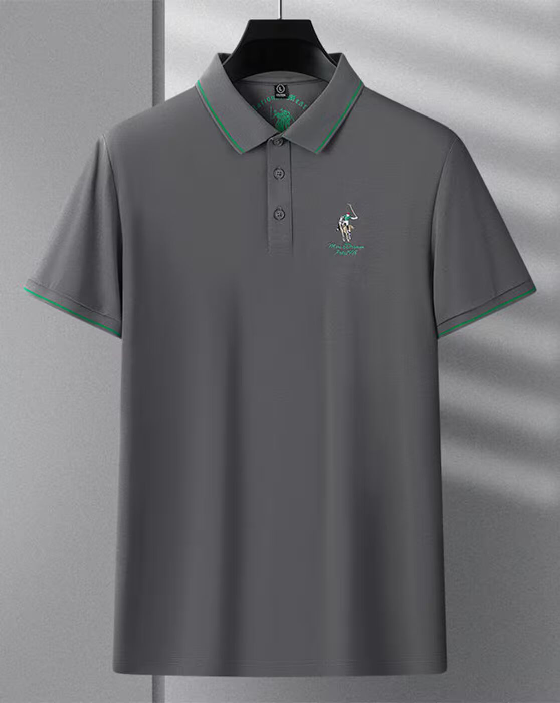 Men’s Polo T Shirt with Green Trim and Embroidered Polo Player Logo - XPTST
