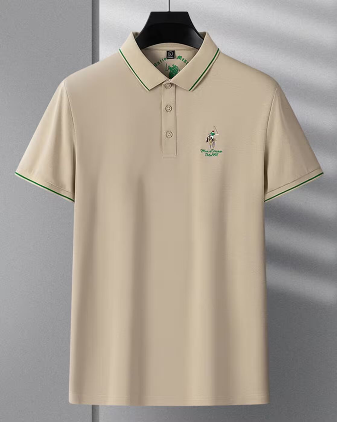 Men’s Polo T Shirt with Green Trim and Embroidered Polo Player Logo - XPTST
