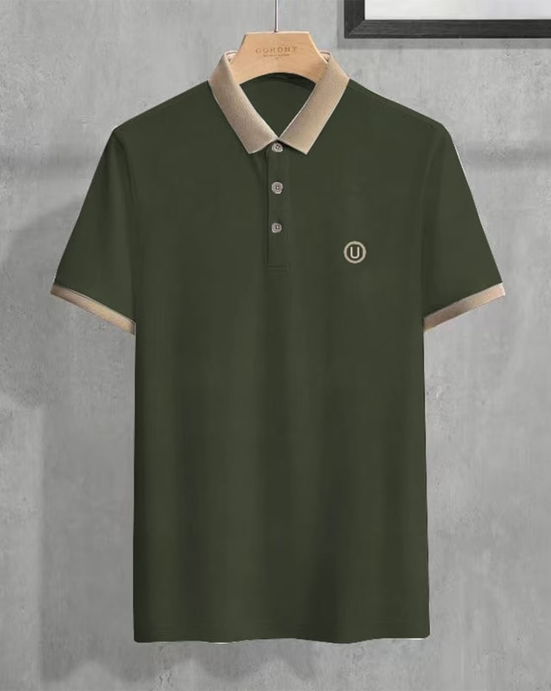 Men’s Polo T Shirt with Contrast Beige Collar and Cuff Trim - XPTST