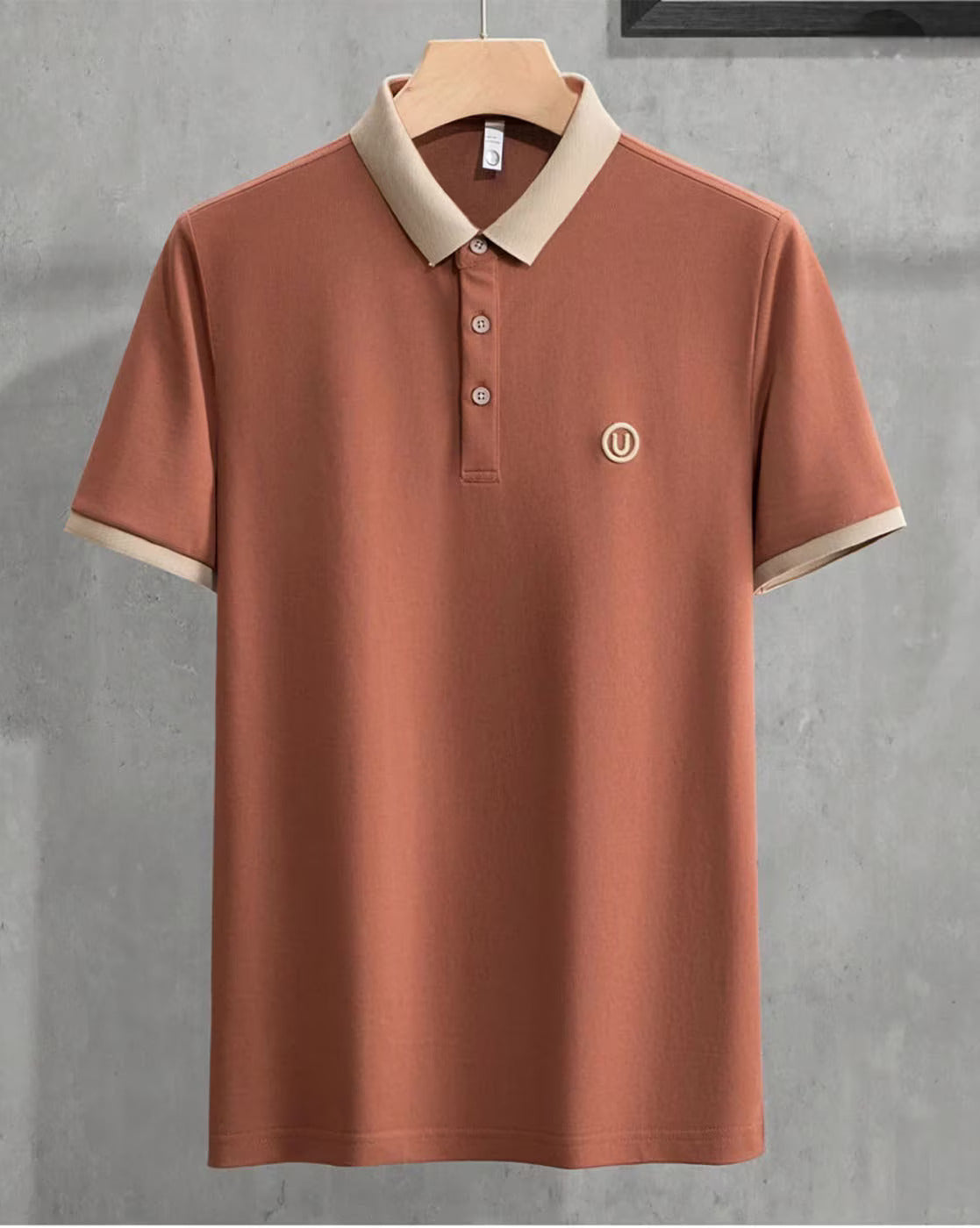 Men’s Polo T Shirt with Contrast Beige Collar and Cuff Trim - XPTST