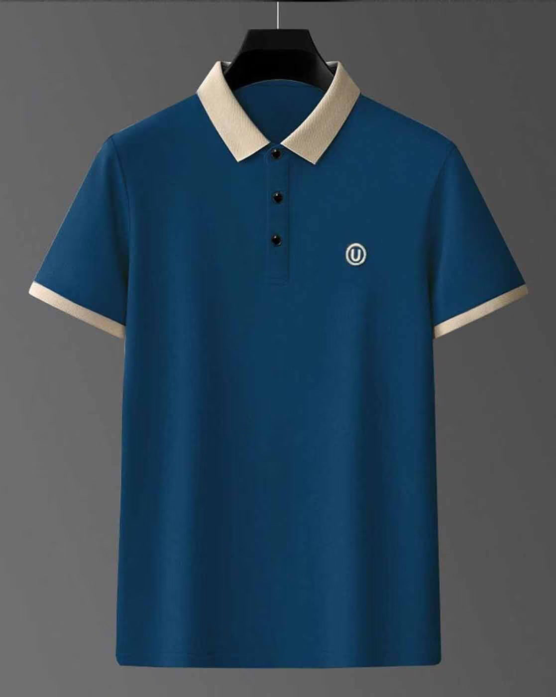 Men’s Polo T Shirt with Contrast Beige Collar and Cuff Trim - XPTST