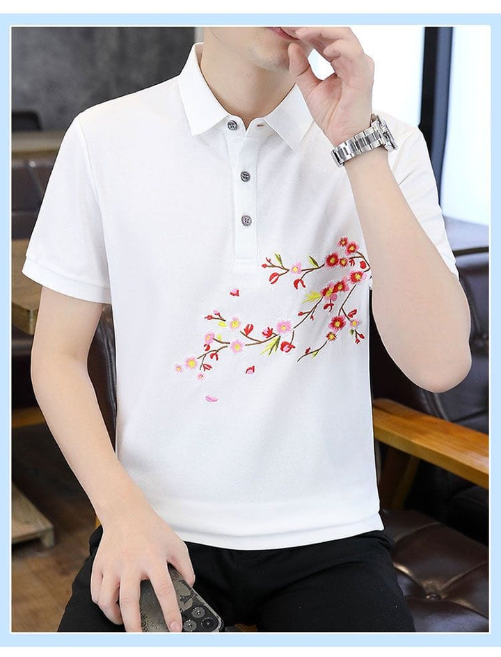 Elegant Floral Cherry Blossom Embroidery Polo T-Shirt
