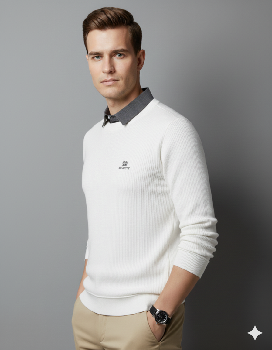 Men’s Classic White Ribbed Knit Sweater with Contrast Collar - XPSWT