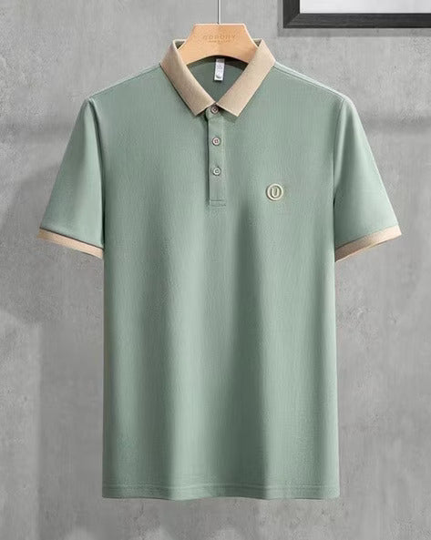 Men’s Polo T Shirt with Contrast Beige Collar and Cuff Trim - XPTST