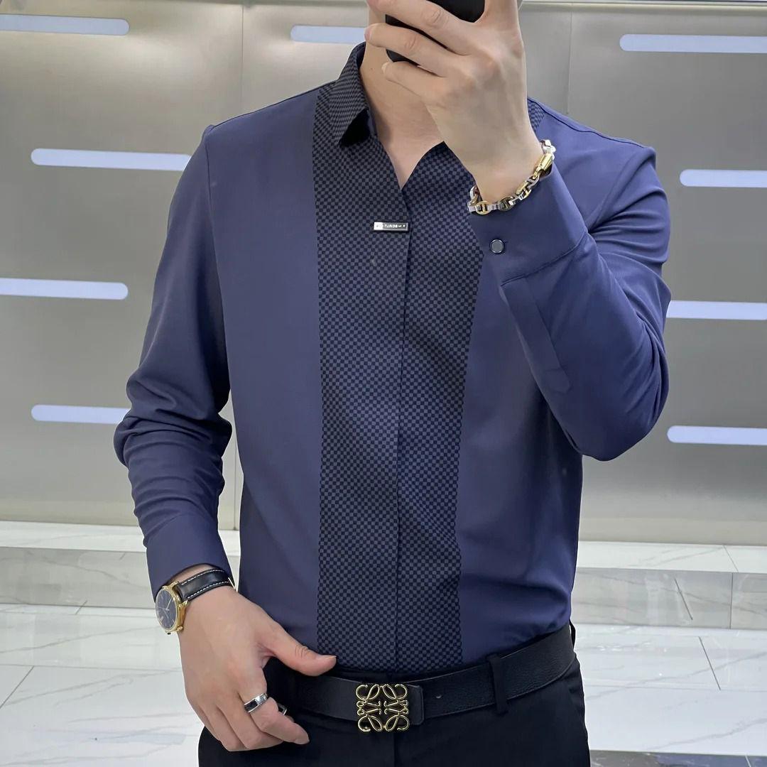 Men’s Designer Black Formal Shirt with Dual-Tone Textured Panel