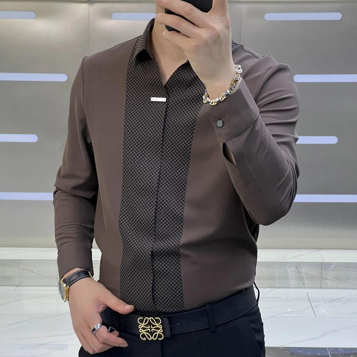 Men’s Designer Black Formal Shirt with Dual-Tone Textured Panel
