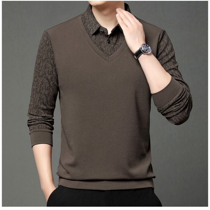 Men’s Elegant V-Neck Knit Sweater with Patterned Polo Collar - XPSWT