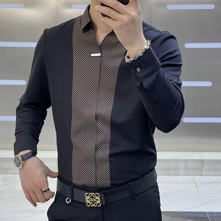 Men’s Designer Black Formal Shirt with Dual-Tone Textured Panel