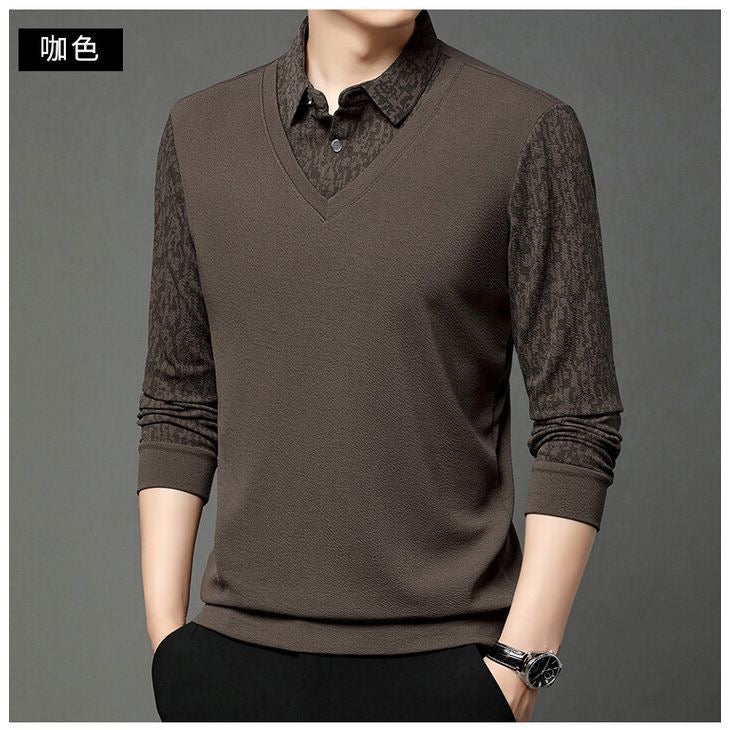 Men’s Elegant V-Neck Knit Sweater with Patterned Polo Collar - XPSWT