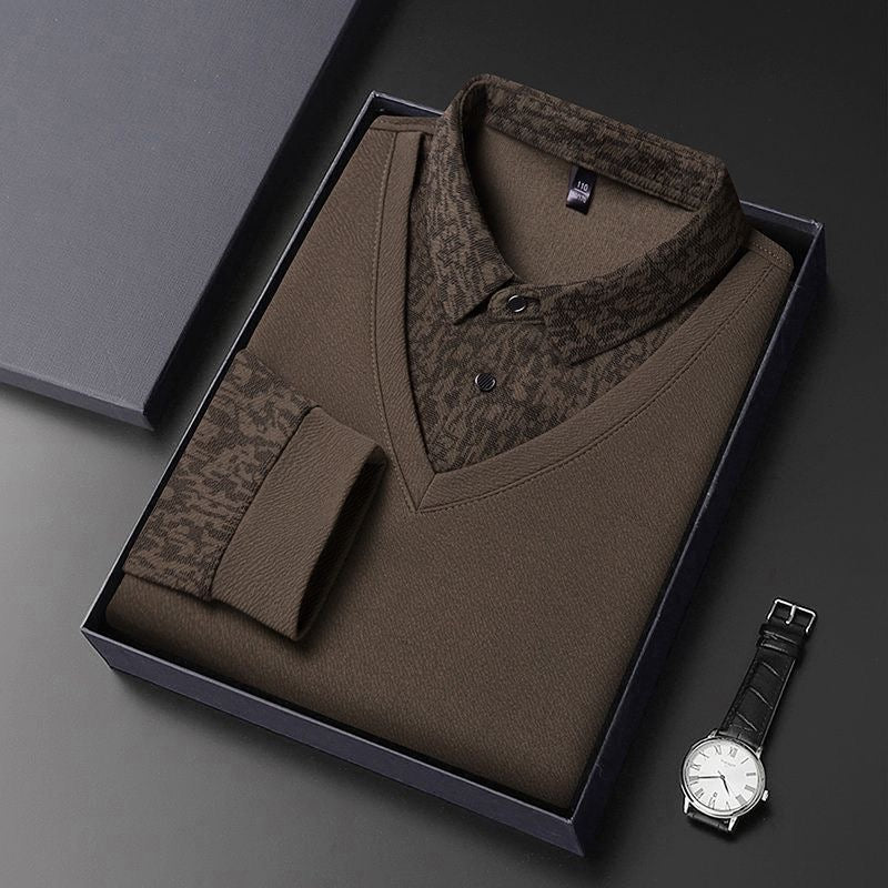 Men’s Elegant V-Neck Knit Sweater with Patterned Polo Collar - XPSWT