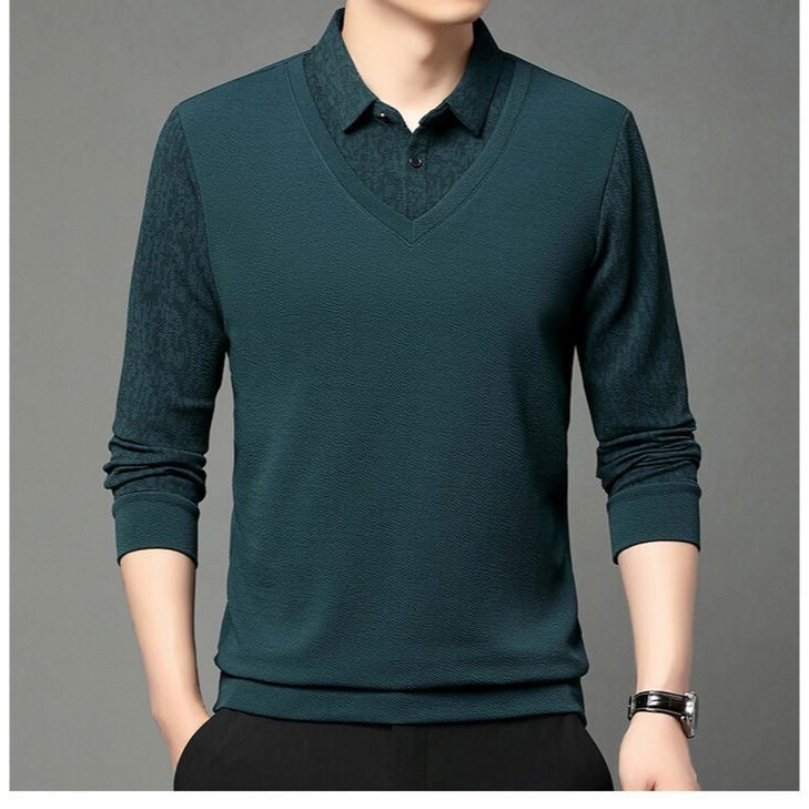 Men’s Elegant V-Neck Knit Sweater with Patterned Polo Collar - XPSWT
