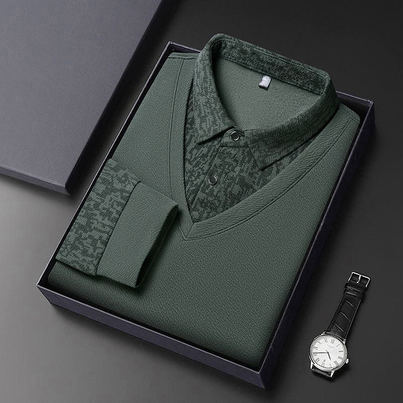 Men’s Elegant V-Neck Knit Sweater with Patterned Polo Collar - XPSWT