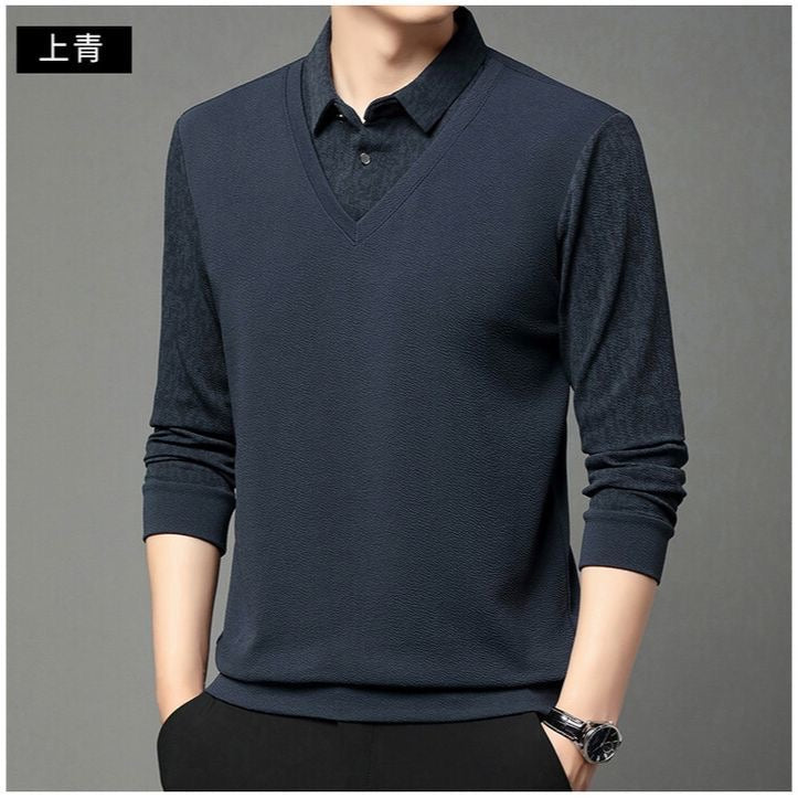 Men’s Elegant V-Neck Knit Sweater with Patterned Polo Collar - XPSWT