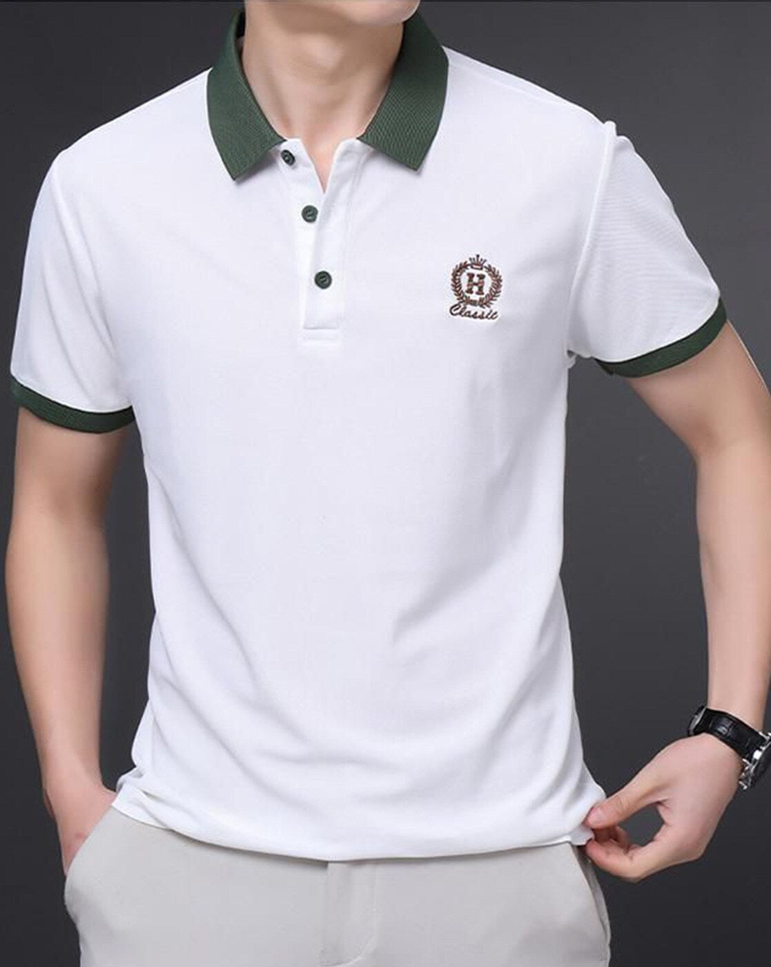 Men’s Polo T Shirt with Contrast Green Collar and Sleeve Trim - XPTST