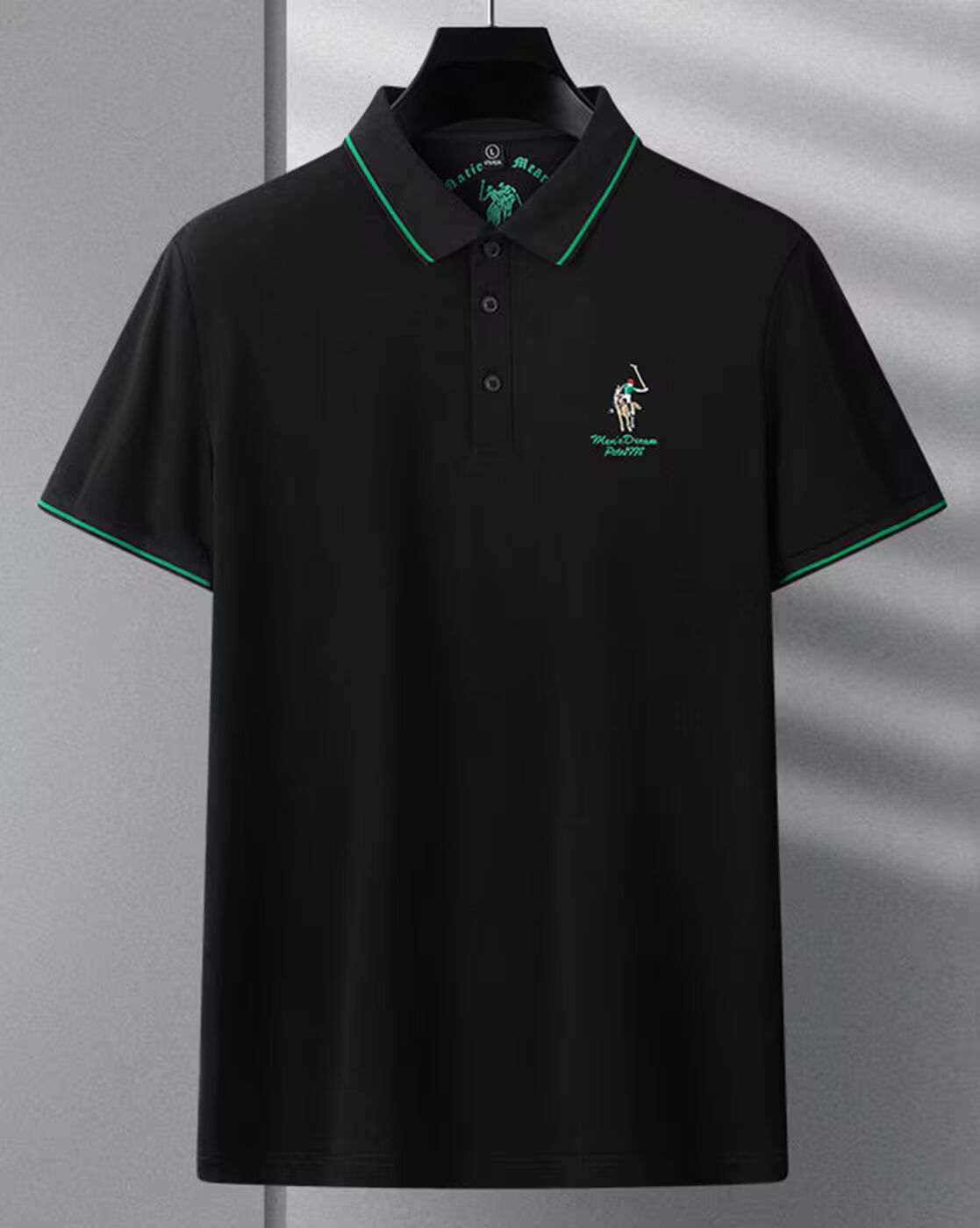 Men’s Polo T Shirt with Green Trim and Embroidered Polo Player Logo - XPTST