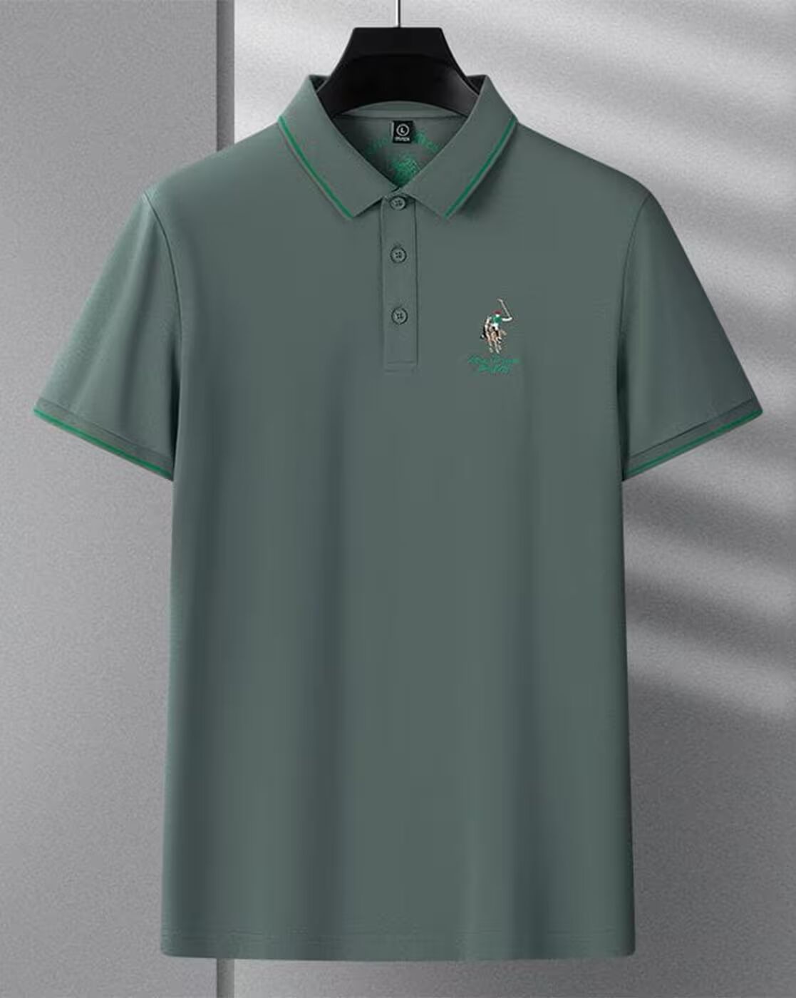 Men’s Polo T Shirt with Green Trim and Embroidered Polo Player Logo - XPTST
