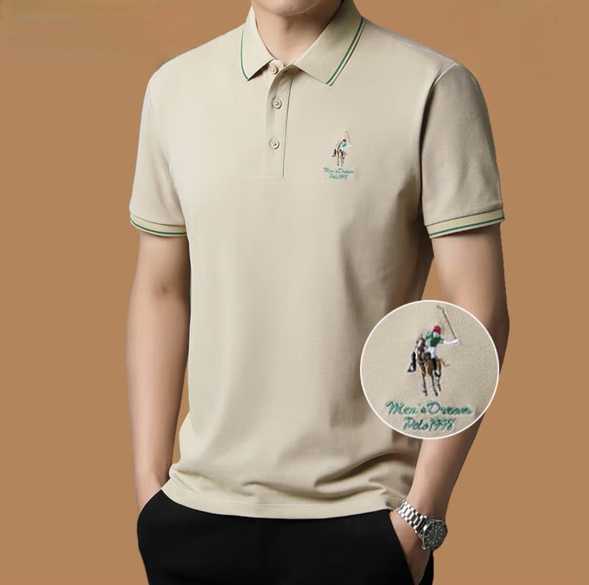 Men’s Polo T Shirt with Green Trim and Embroidered Polo Player Logo - XPTST