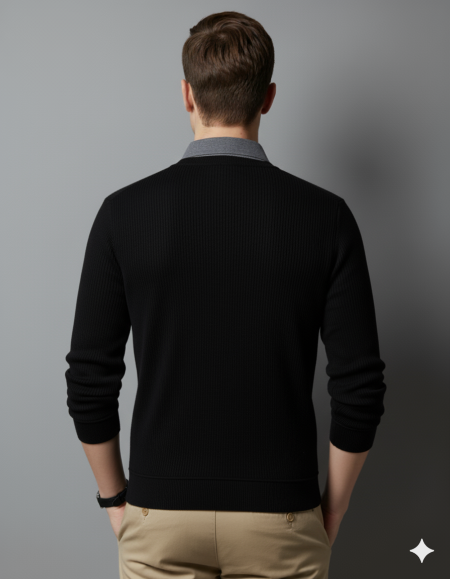 Men’s Classic White Ribbed Knit Sweater with Contrast Collar - XPSWT