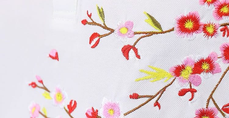 Elegant Floral Cherry Blossom Embroidery Polo T-Shirt