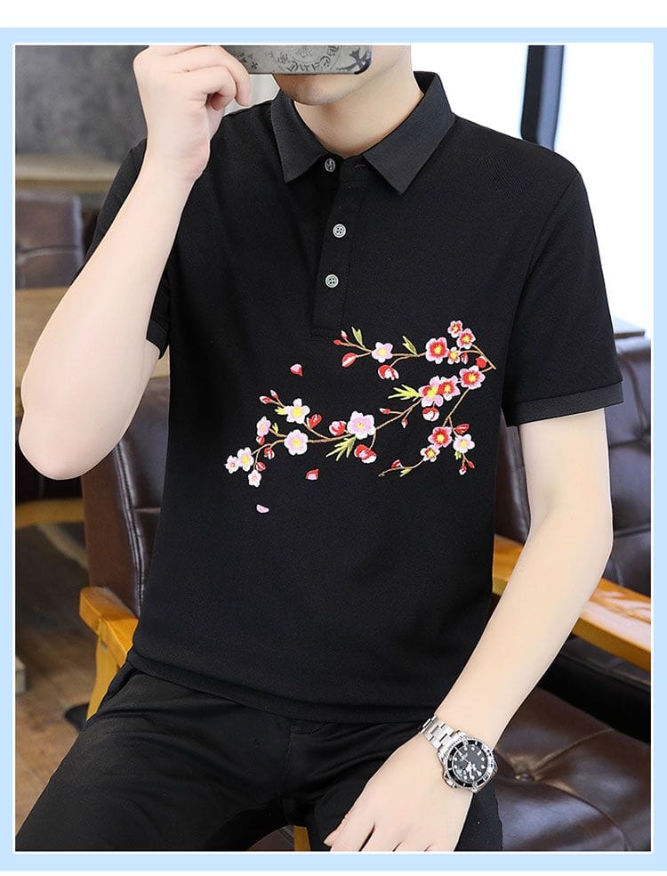 Elegant Floral Cherry Blossom Embroidery Polo T-Shirt