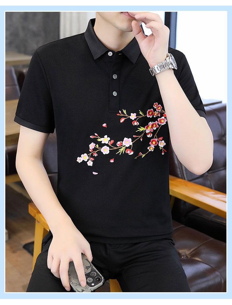 Elegant Floral Cherry Blossom Embroidery Polo T-Shirt - XPTST