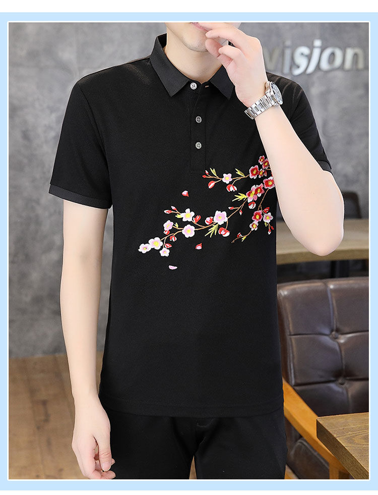 Elegant Floral Cherry Blossom Embroidery Polo T-Shirt
