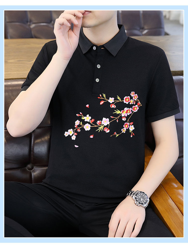 Elegant Floral Cherry Blossom Embroidery Polo T-Shirt