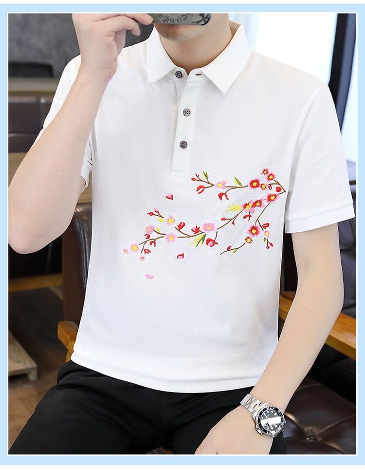 Elegant Floral Cherry Blossom Embroidery Polo T-Shirt