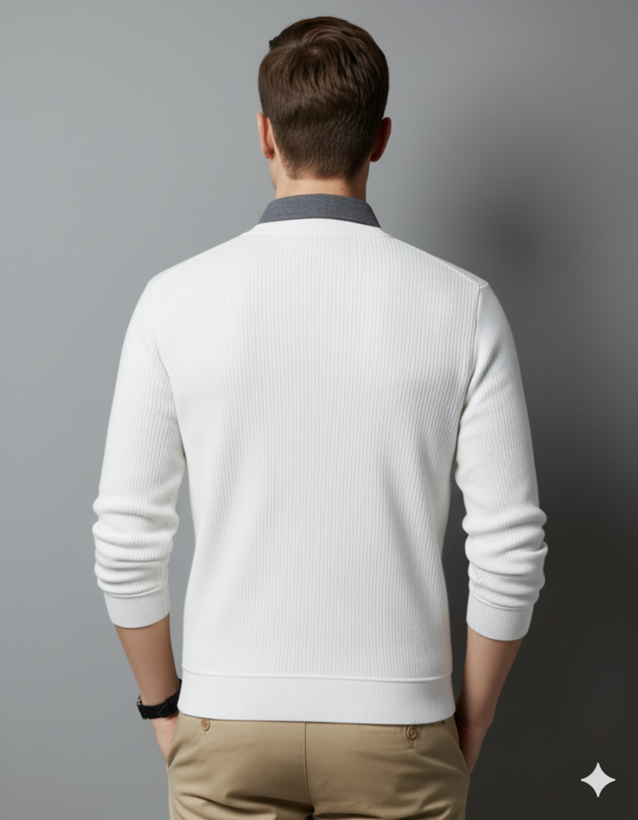 Men’s Classic White Ribbed Knit Sweater with Contrast Collar - XPSWT