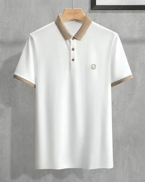 Men’s Polo T Shirt with Contrast Beige Collar and Cuff Trim - XPTST
