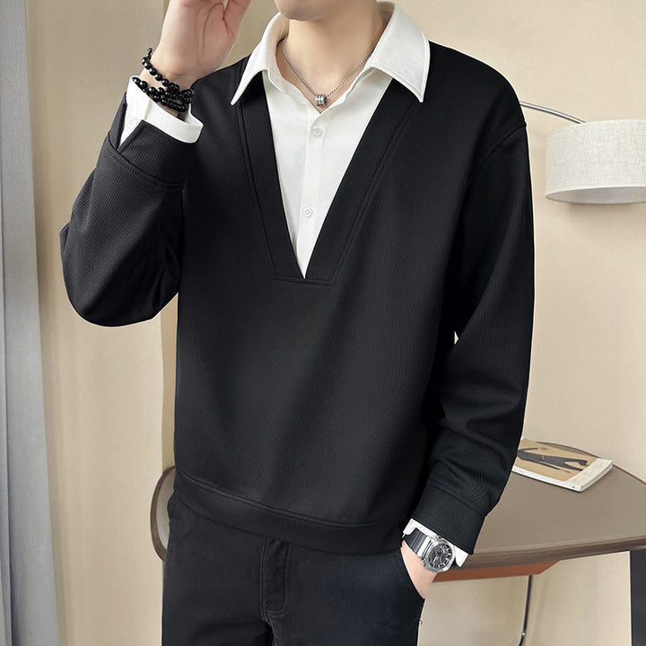Layered V-Neck Contrast Collar T-Shirt