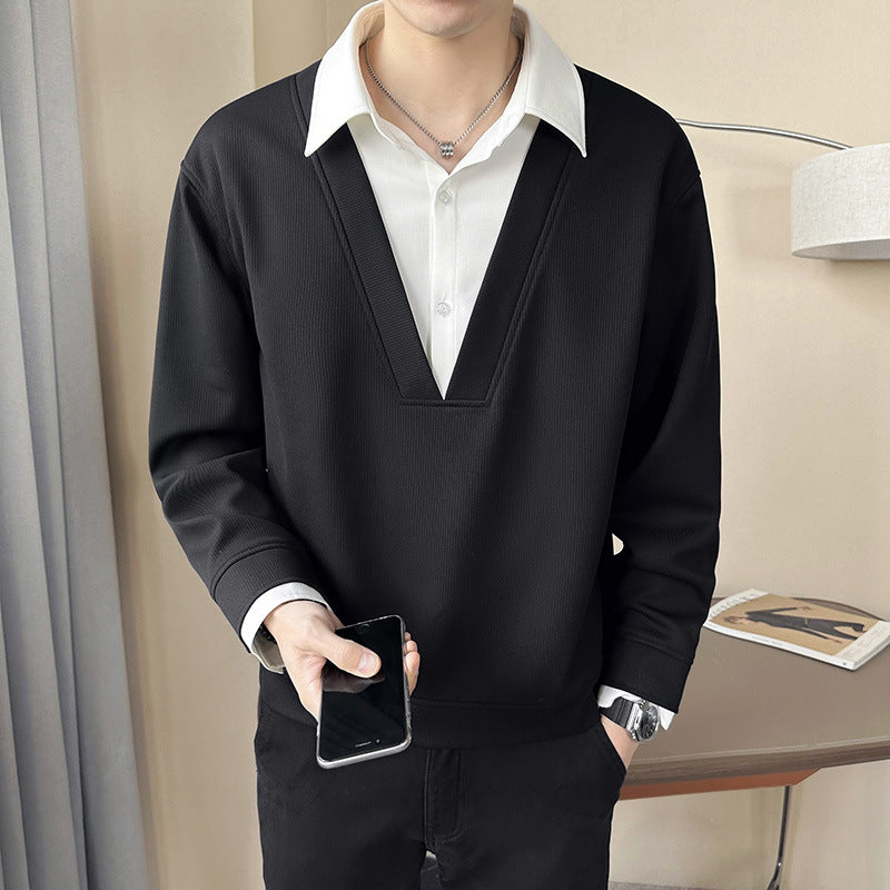 Layered V-Neck Contrast Collar T-Shirt