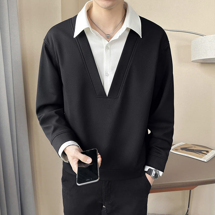 Layered V-Neck Contrast Collar T-Shirt